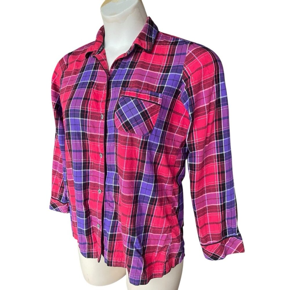 Victoria's Secret Pink Purple Metallic Plaid Button Up Flannel Shirt Women Sz S